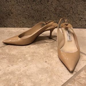 Jimmy Choo patent leather pointed toe sling back thin stiletto low heel pumps
